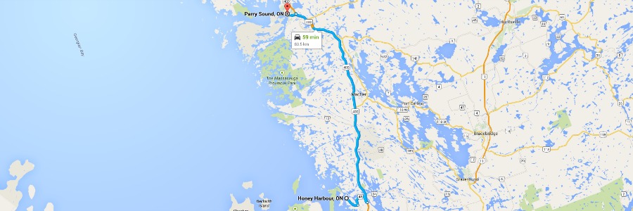 Parry harbour to Parry sound map
